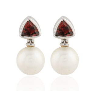 White gold Red garnet and pearl dangling earrings GWERCR88703-0