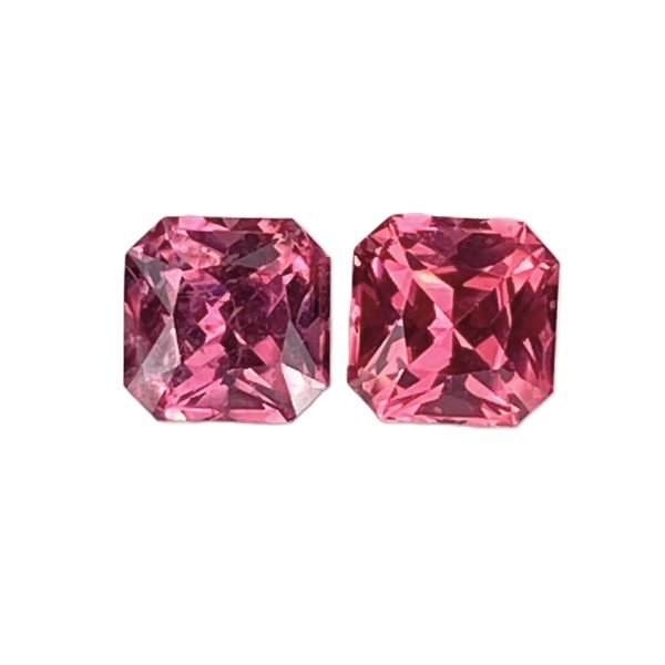 Two pink faceted gemstones shown side by side on a white background, each with a cushion-cut style and many facets, resembling diamonds.