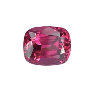 Close-up of a faceted pink gemstone with a rounded top against a white background.