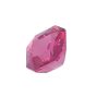 Close-up of a pink, faceted crystal gemstone with multiple angular facets on a white background.