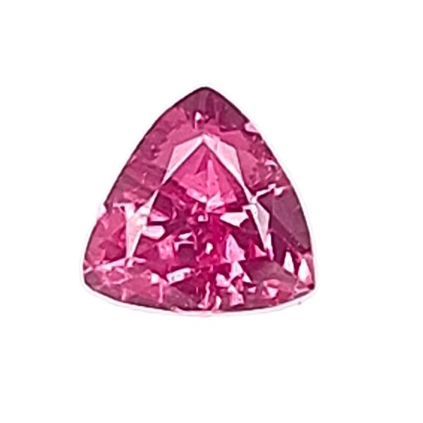 Faceted pink gemstone slice in a teardrop shape on a white background; glossy and angular facets show through color.