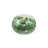 Close-up of a faceted green gemstone sphere against a white background.