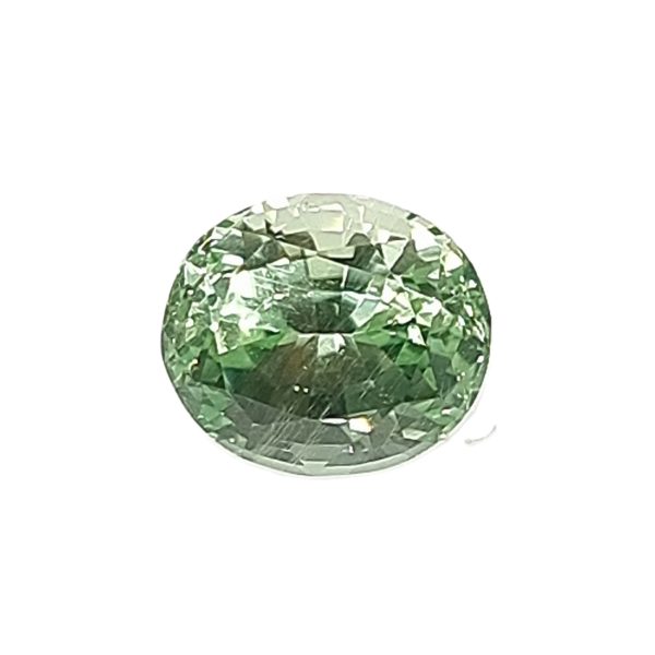 Close-up of a faceted green gemstone sphere against a white background.