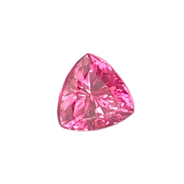 Pink faceted gemstone with numerous triangular facets on a white background, teardrop/pear-shaped cut.