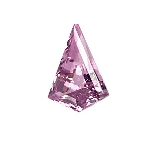 Purple faceted crystal in a tall pyramid shape against a white background