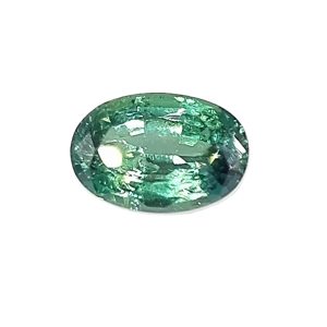 Korn 158_3 - GEMWORLD LTD Close-up of a faceted emerald-green gemstone with light reflections on its round surface.