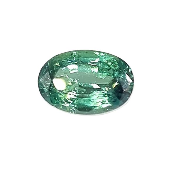 Korn 158_3 - GEMWORLD LTD Close-up of a faceted emerald-green gemstone with light reflections on its round surface.