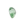 Partial green crystal gemstone with faceted, reflective surfaces on a white background, shown from above partially.