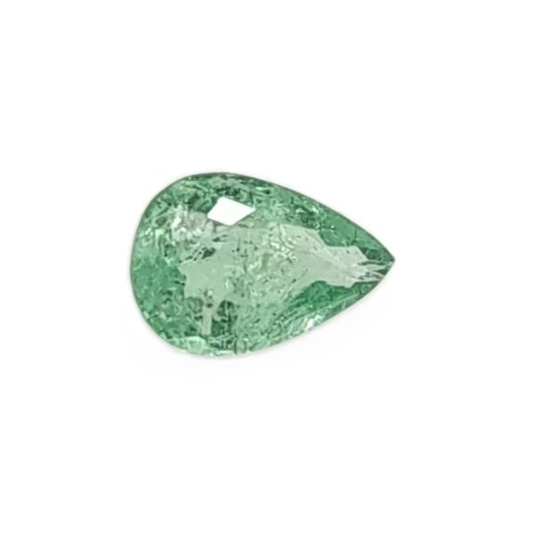 Par 36d_2 - GEMWORLD LTD Green faceted teardrop-shaped gemstone on a white background, catching light reflections to show facets.