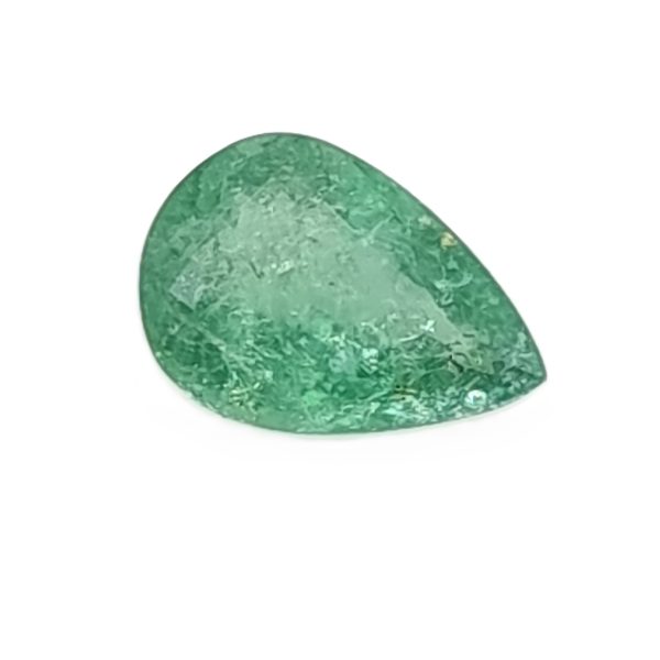 Par 9b_1 - GEMWORLD LTD Green, textured teardrop-shaped stone against a white background on the page edge