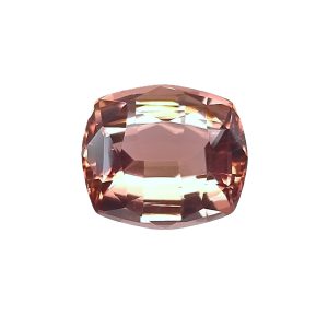 Close-up of a faceted pink gemstone, round brilliant cut, catching light on multiple facets
