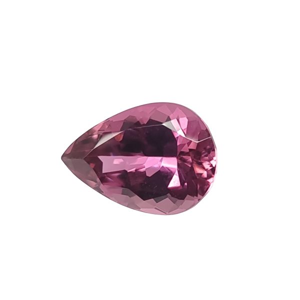 Tour 52_1 - GEMWORLD LTD Close-up of a pink faceted gemstone with multiple angular facets on a white background